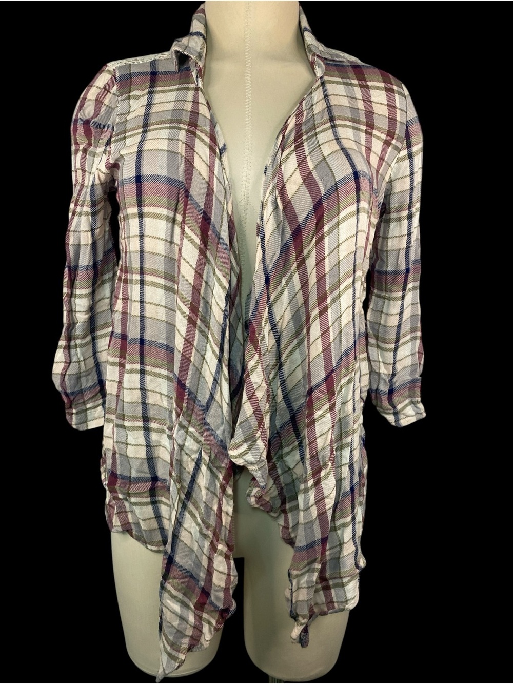 Shyanne  Plaid Open Front Women's Top in White and Burgundy with Lace Size Small